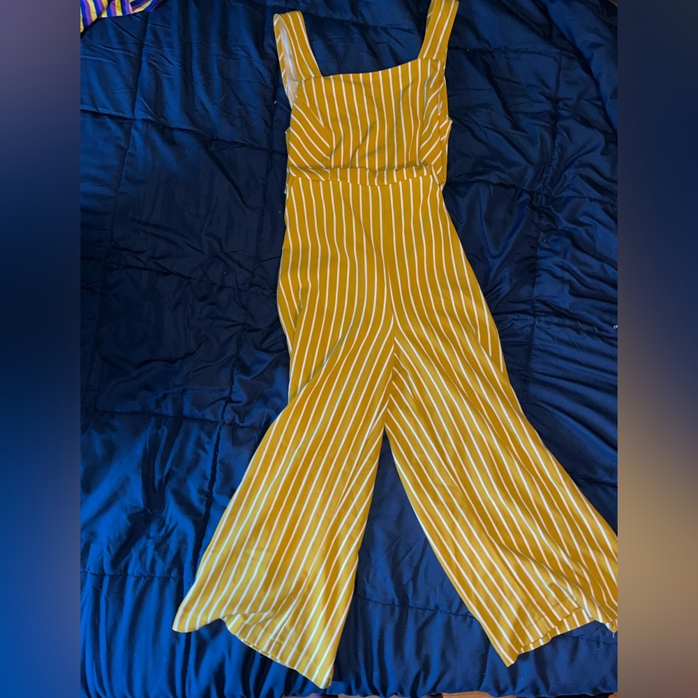 Yellow and white stripped open back jumpsuit